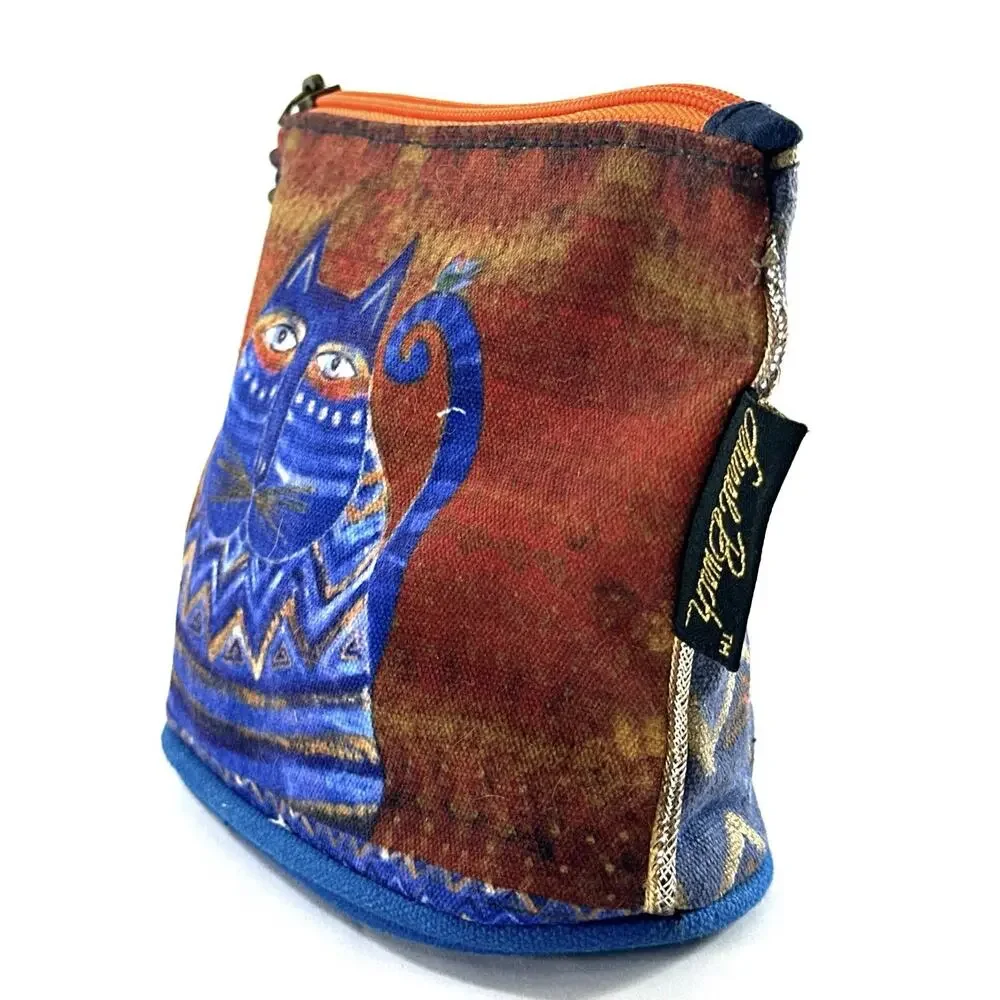Laurel Burch Blue Cat Cosmetic Bag Zipper Pouch Cotton Canvas Makeup Coin Purse